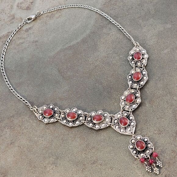 Vintage Sterling Carnelian Tribal Middle Eastern Y Necklace - Picture 3 of 7